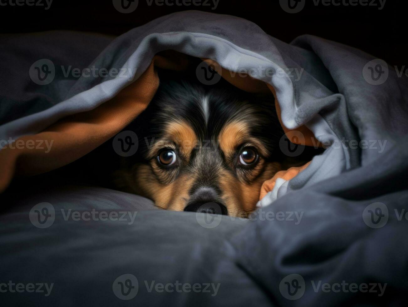 Mischievous dog peeking out from a cozy blanket fort AI Generative photo