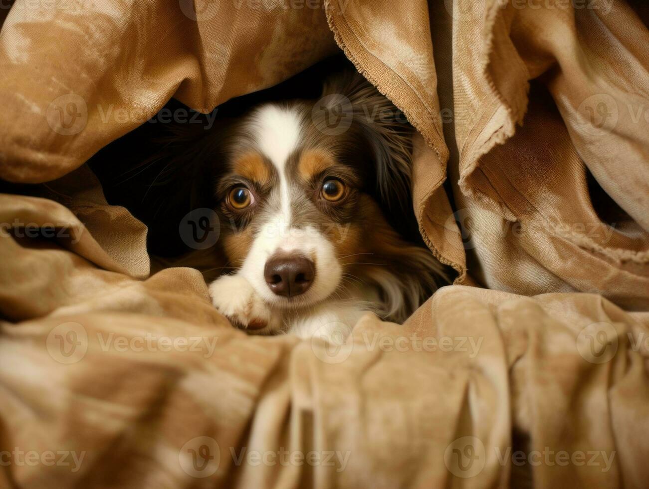 Mischievous dog peeking out from a cozy blanket fort AI Generative photo