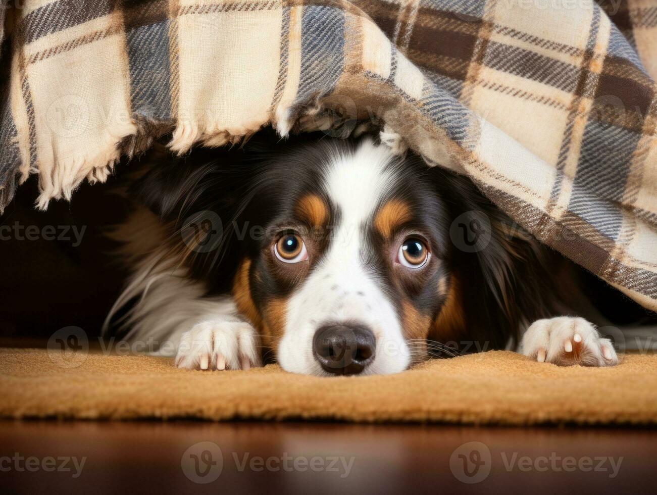 Mischievous dog peeking out from a cozy blanket fort AI Generative photo