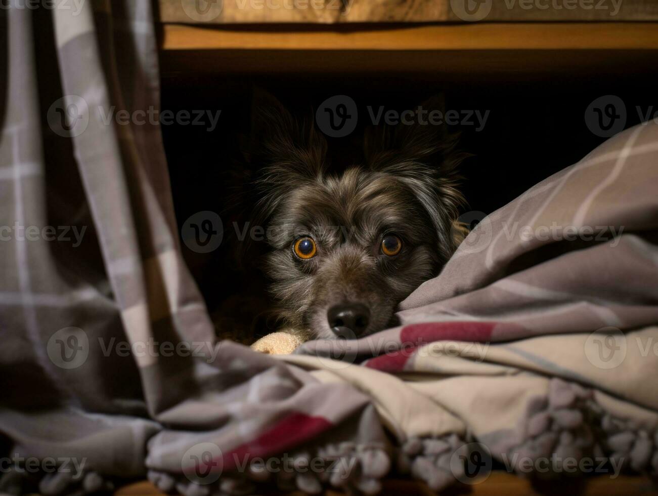 Mischievous dog peeking out from a cozy blanket fort AI Generative photo