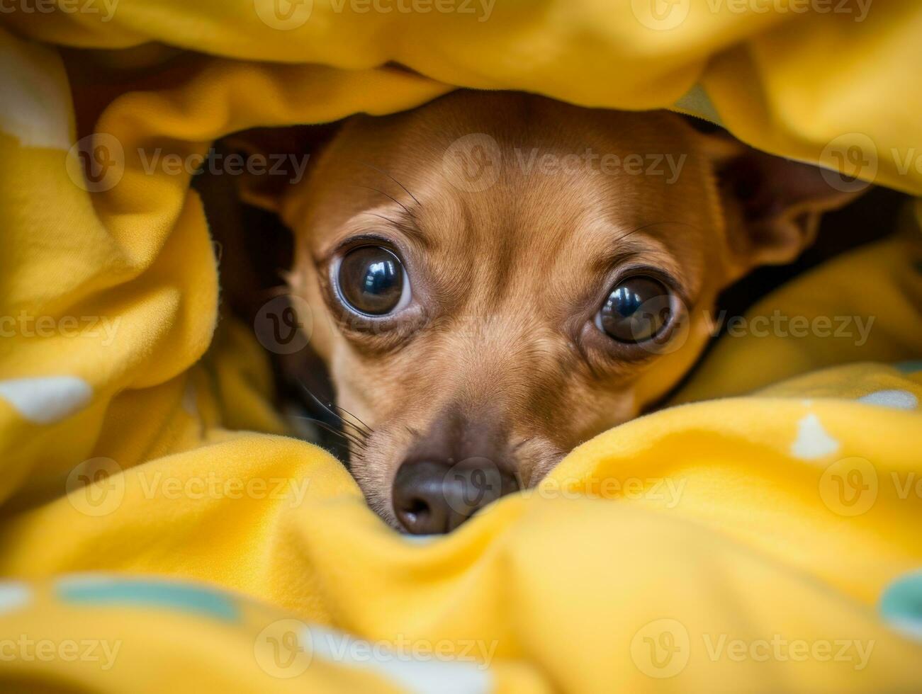 Mischievous dog peeking out from a cozy blanket fort AI Generative photo