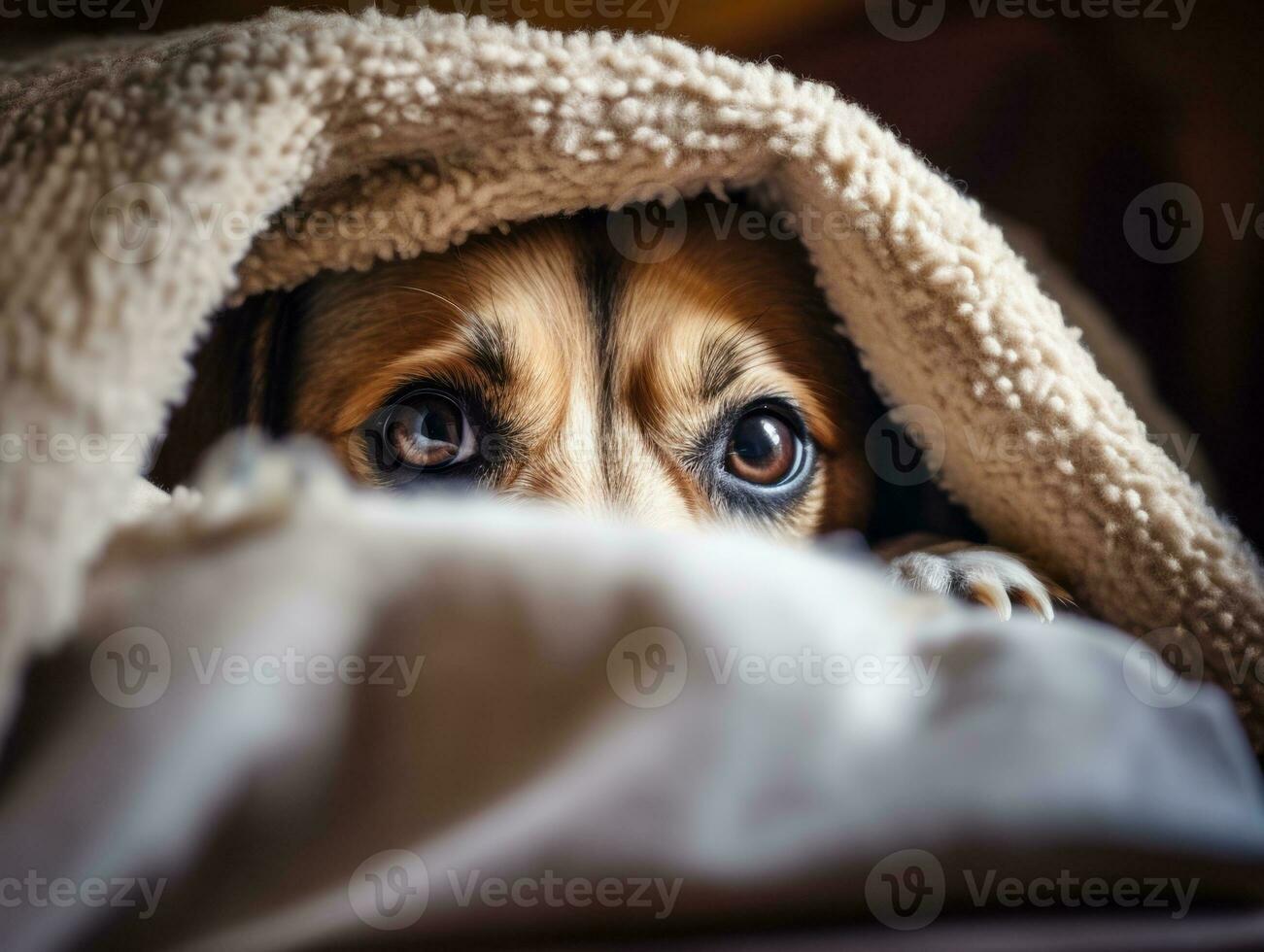 Mischievous dog peeking out from a cozy blanket fort AI Generative photo