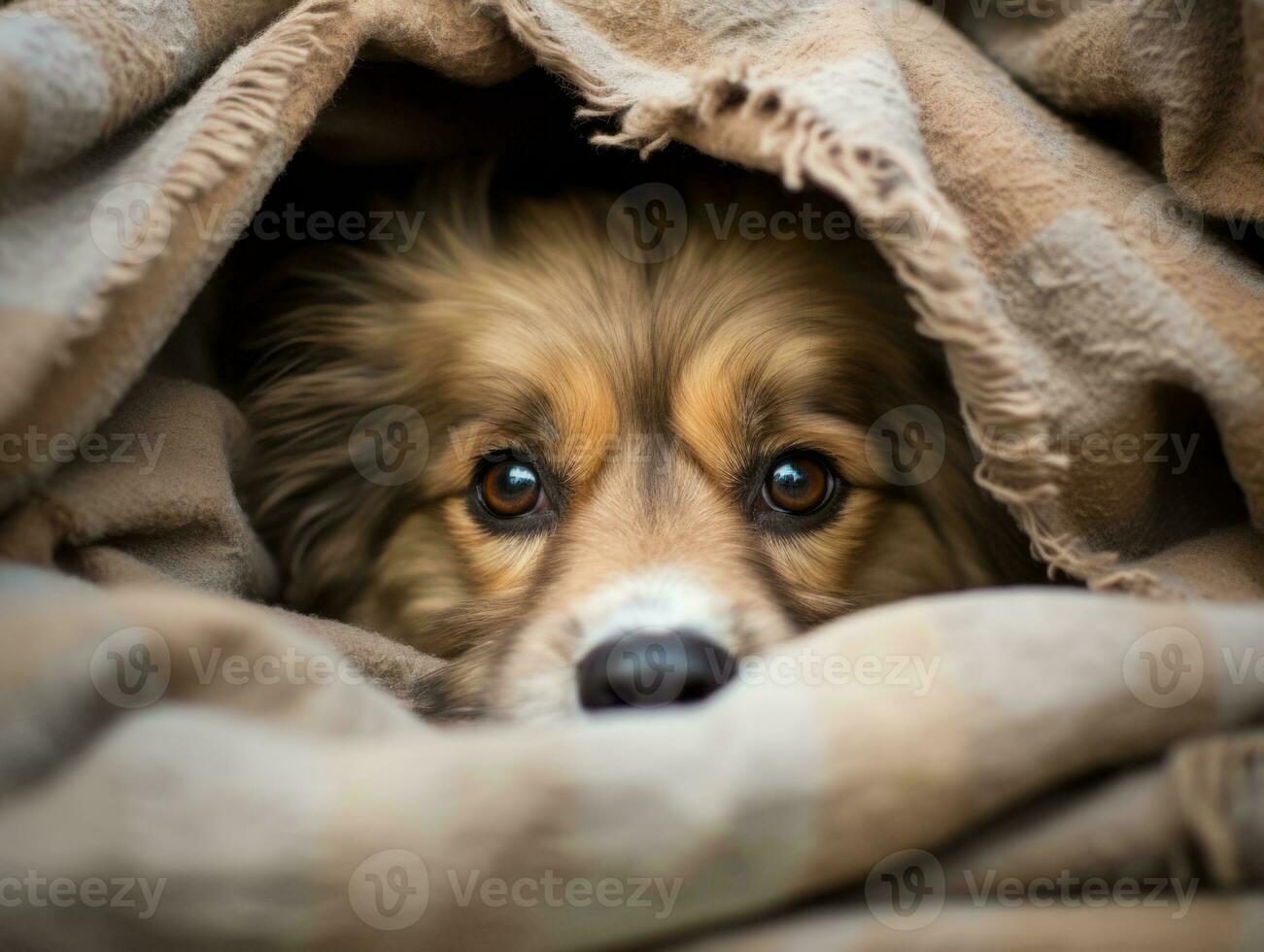 Mischievous dog peeking out from a cozy blanket fort AI Generative photo