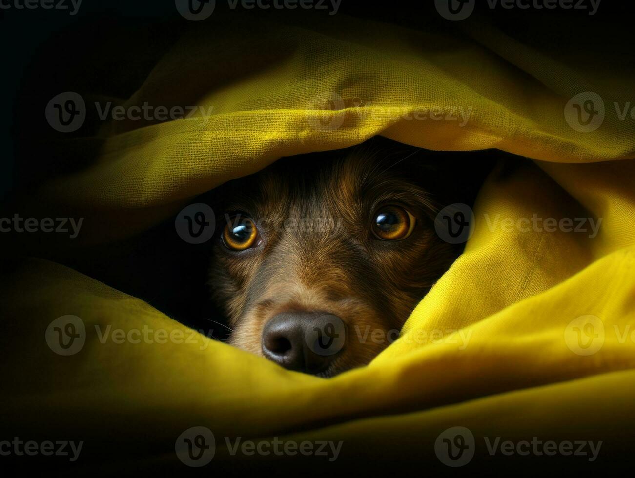 Mischievous dog peeking out from a cozy blanket fort AI Generative photo