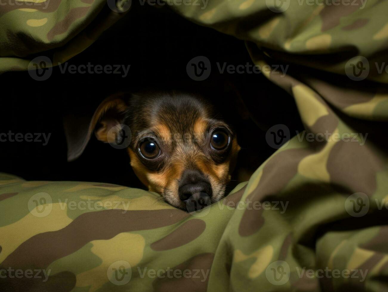 Mischievous dog peeking out from a cozy blanket fort AI Generative photo