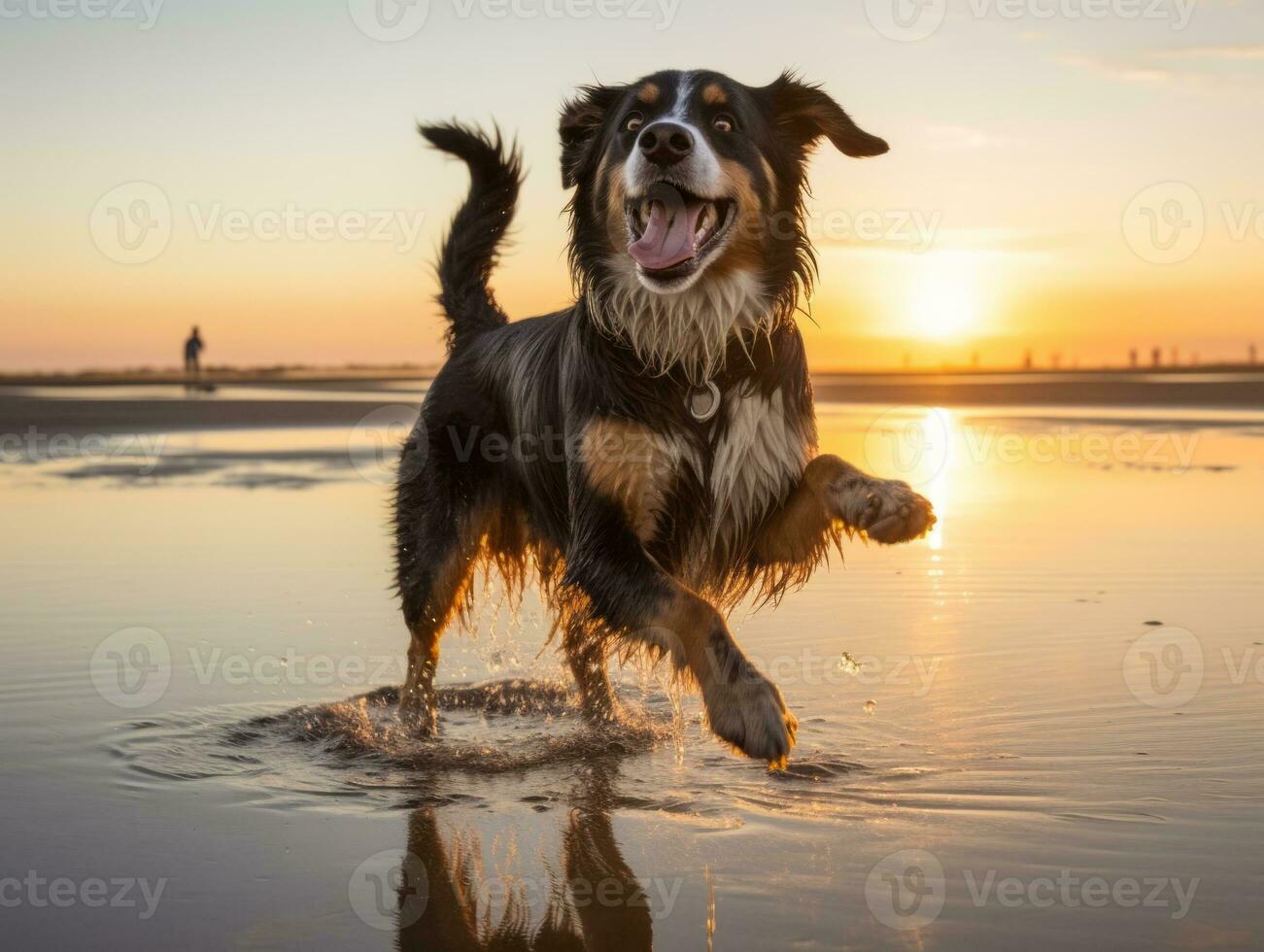 Happy dog playing on the beach AI Generative photo