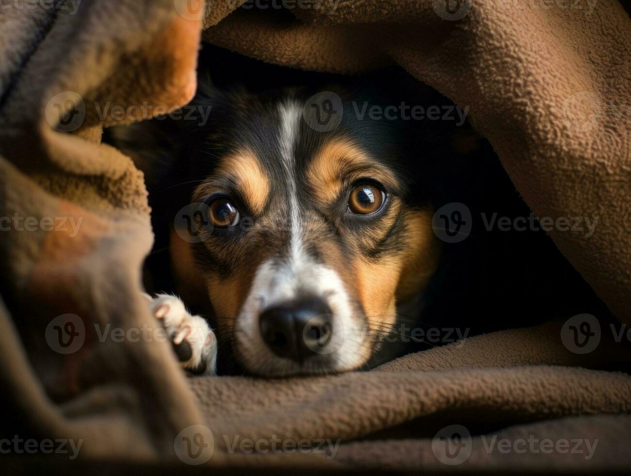 Mischievous dog peeking out from a cozy blanket fort AI Generative photo