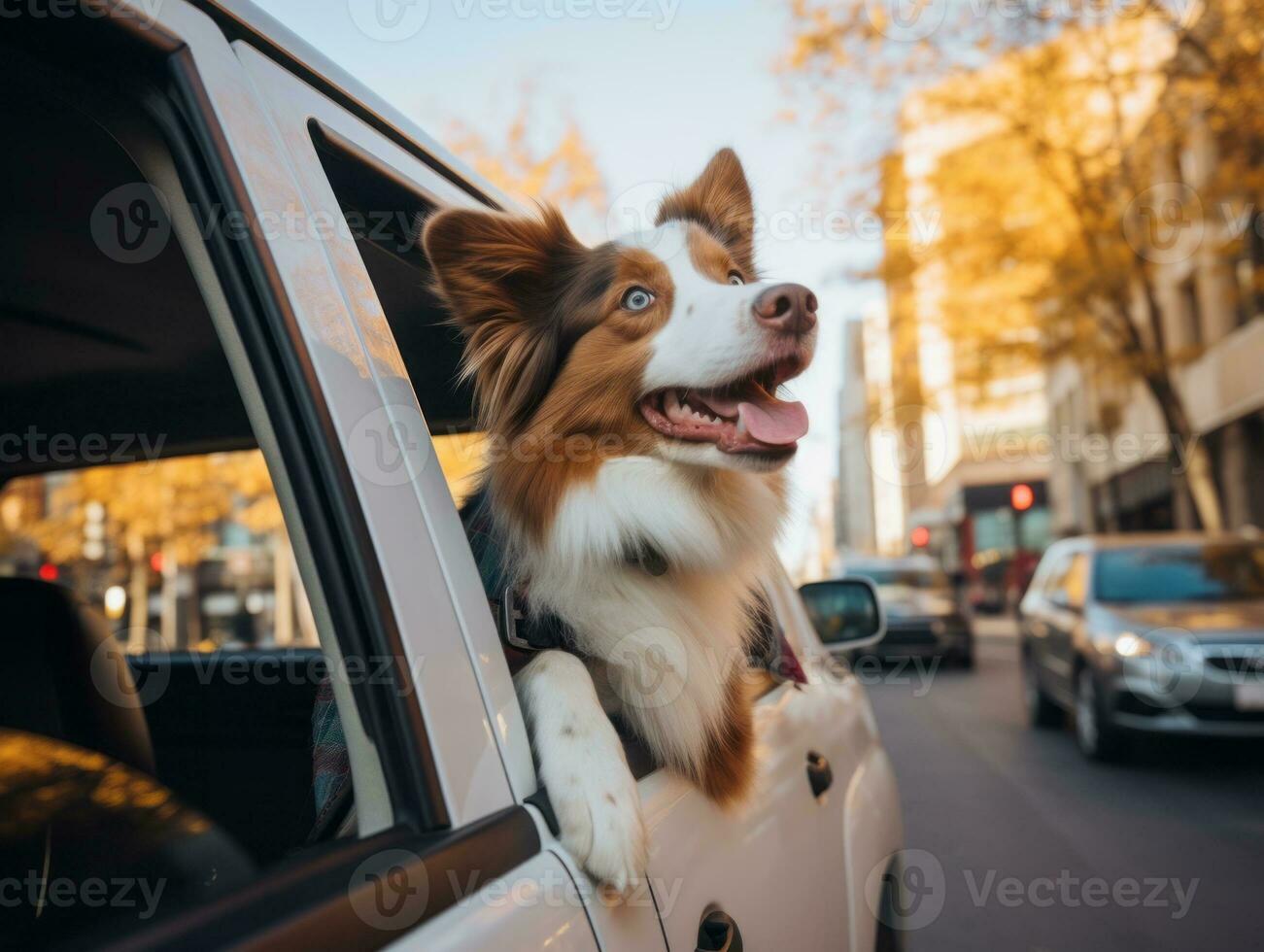 Happy dog riding in a car with its head out the window AI Generative photo