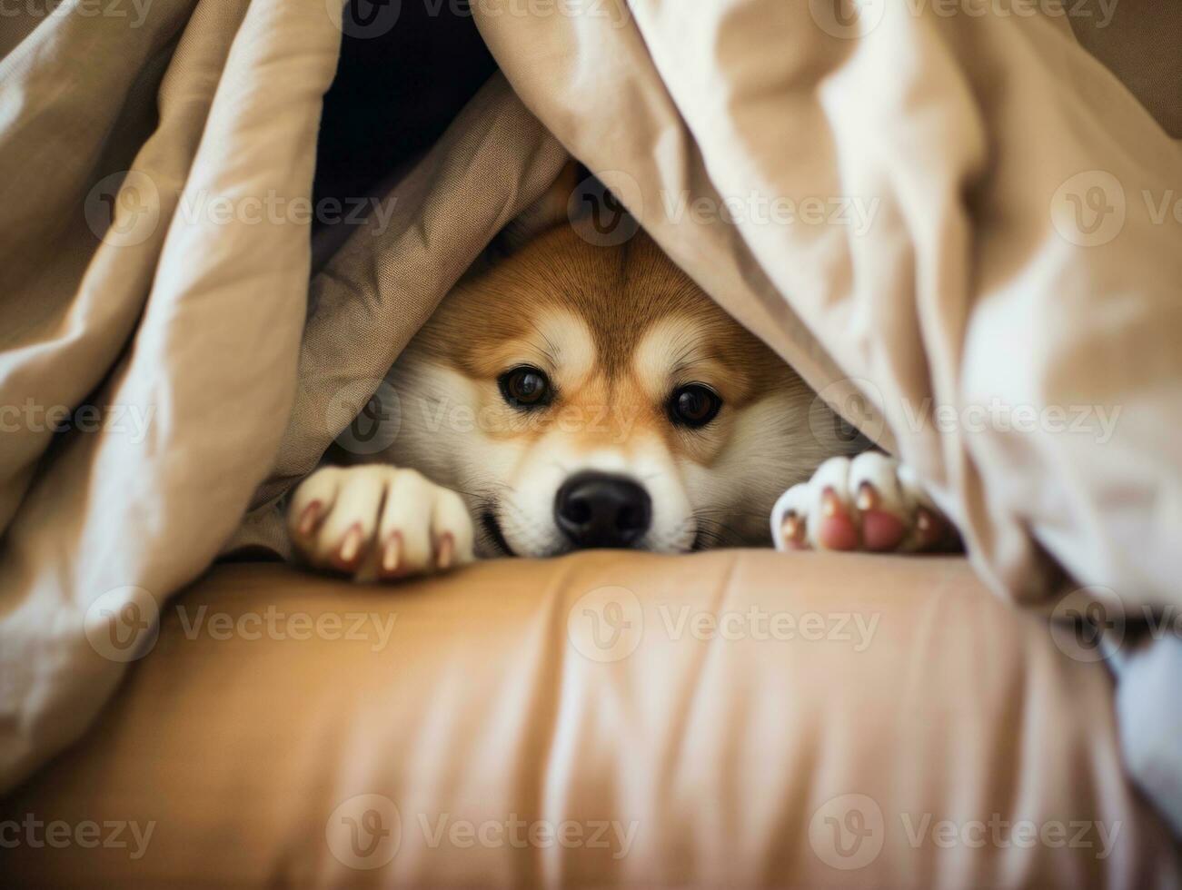 Mischievous dog peeking out from a cozy blanket fort AI Generative photo