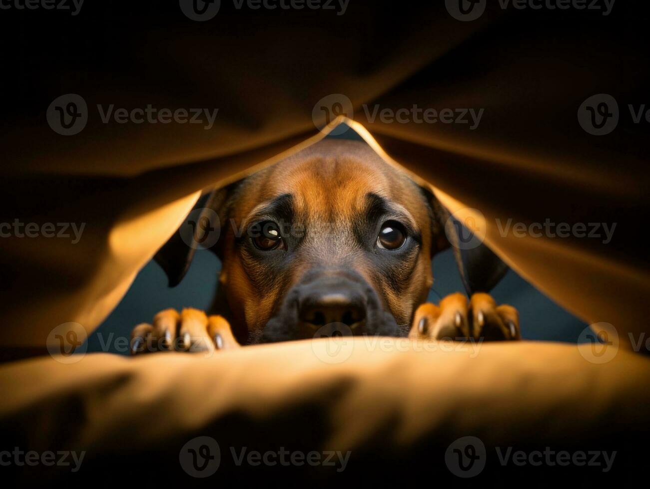 Mischievous dog peeking out from a cozy blanket fort AI Generative photo
