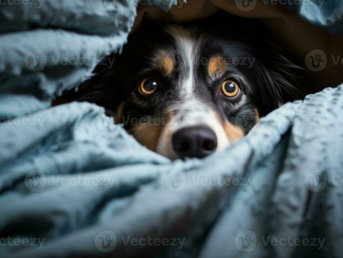 Mischievous dog peeking out from a cozy blanket fort AI Generative photo