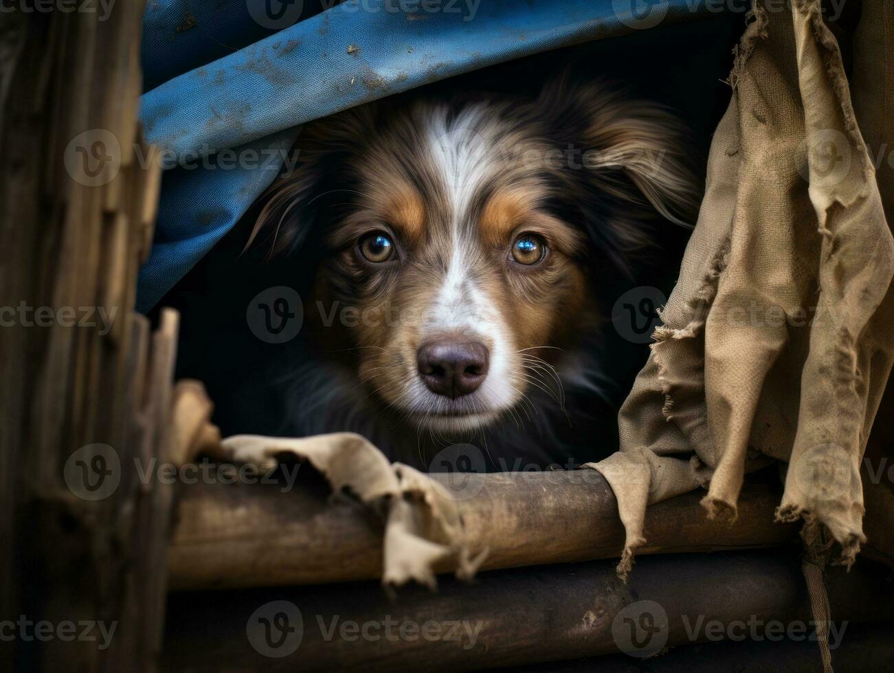 Mischievous dog peeking out from a cozy blanket fort AI Generative photo