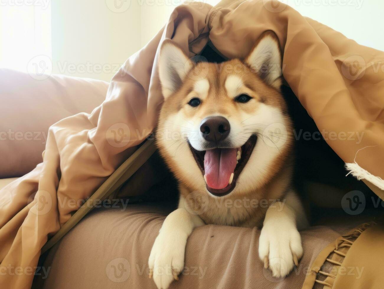 Mischievous dog peeking out from a cozy blanket fort AI Generative photo