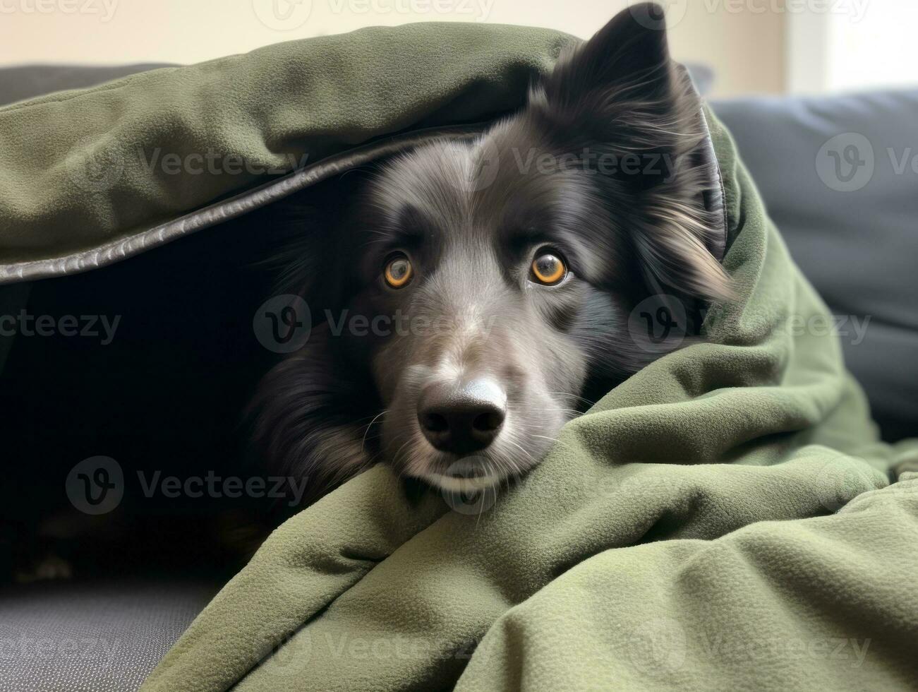 Mischievous dog peeking out from a cozy blanket fort AI Generative photo