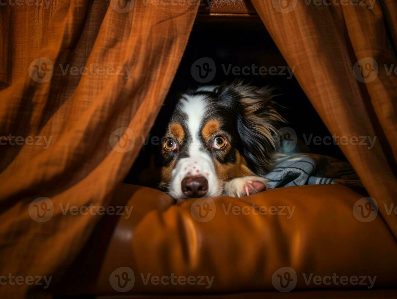Mischievous dog peeking out from a cozy blanket fort AI Generative photo