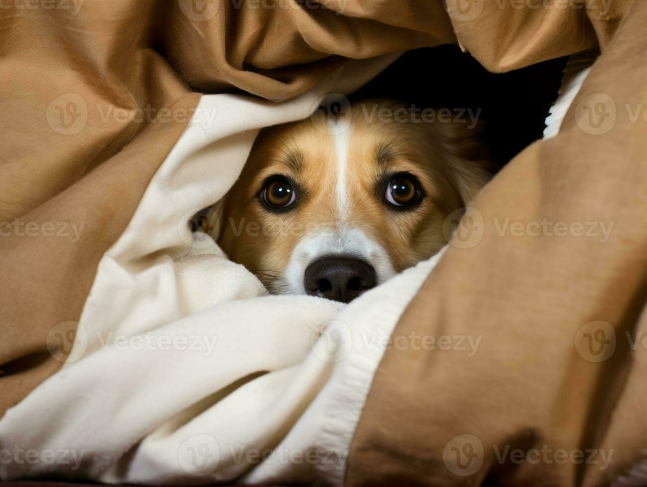 Mischievous dog peeking out from a cozy blanket fort AI Generative photo