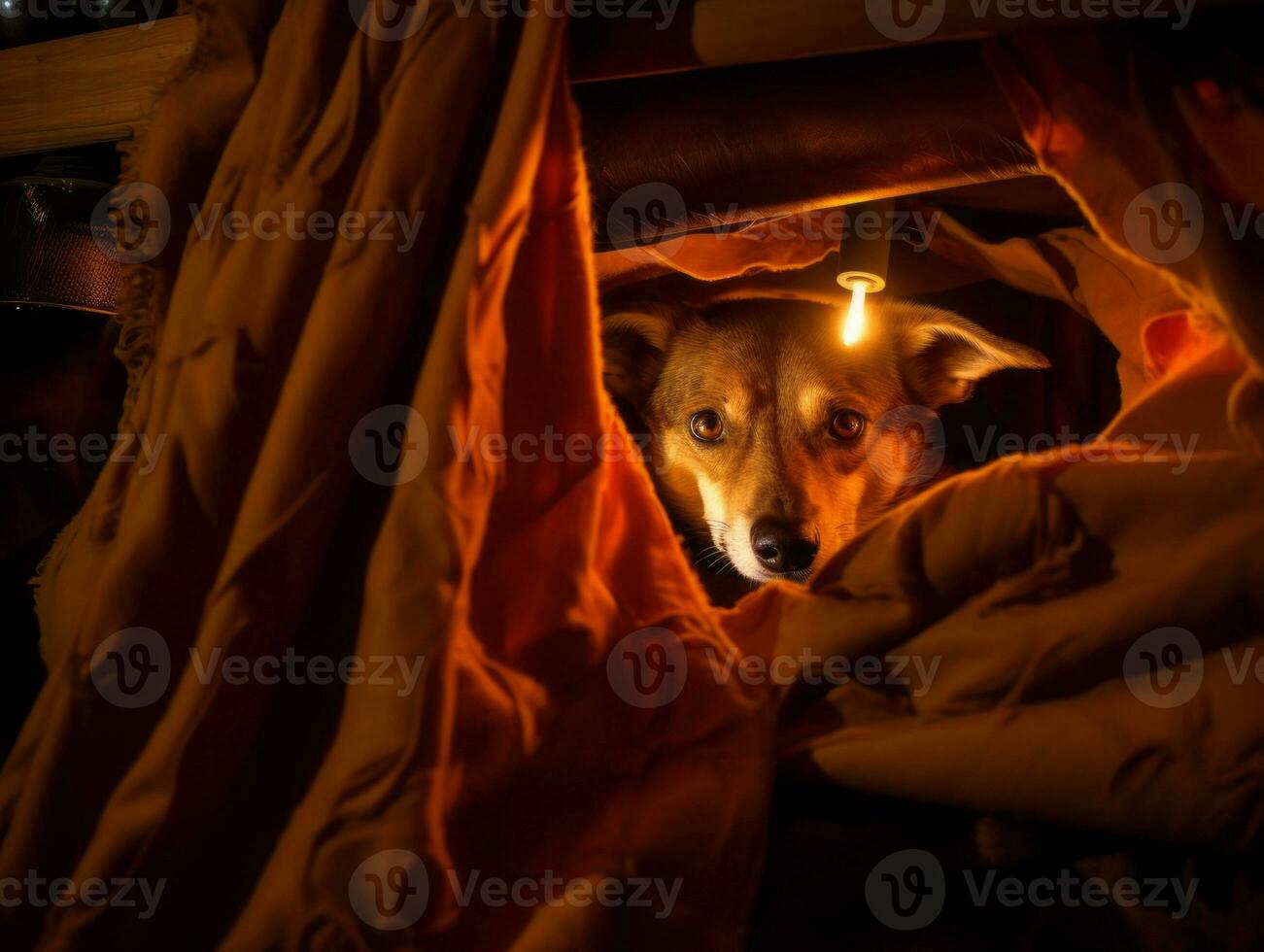Mischievous dog peeking out from a cozy blanket fort AI Generative photo