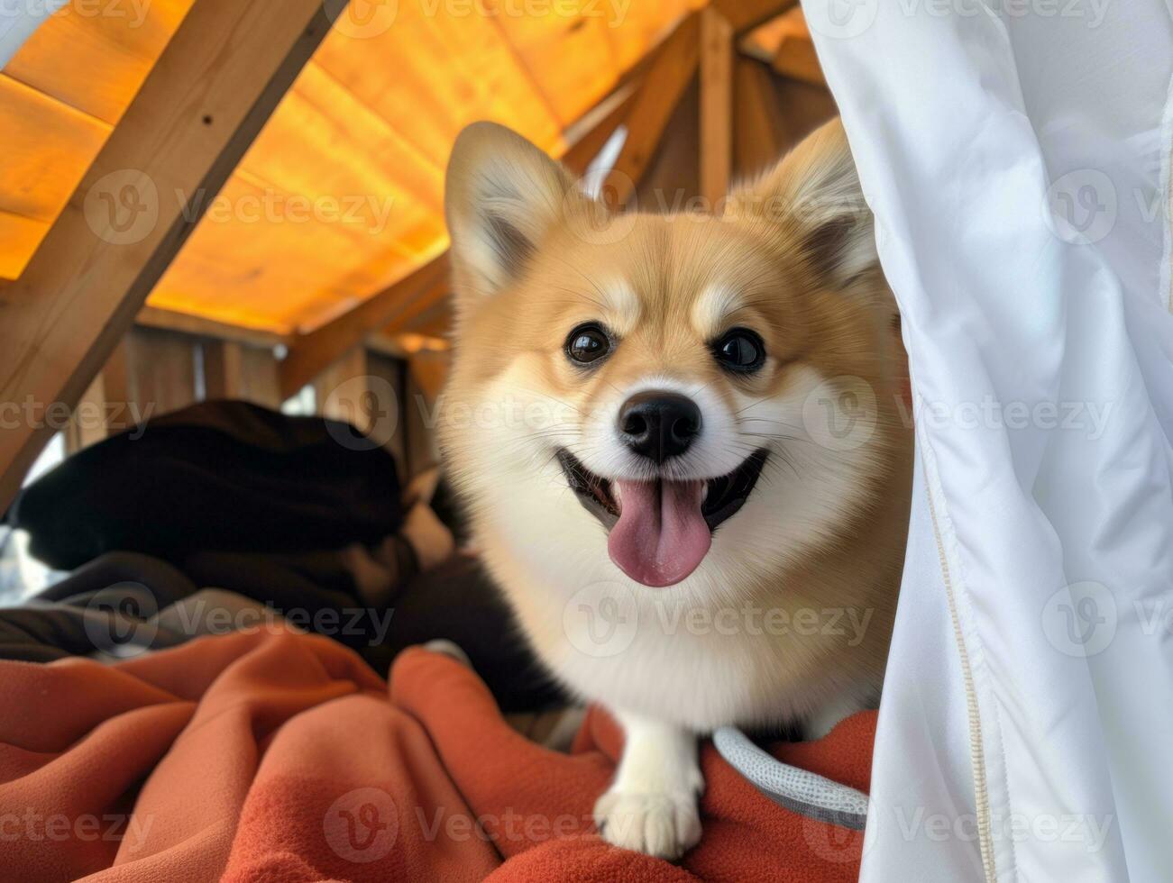 Mischievous dog peeking out from a cozy blanket fort AI Generative photo
