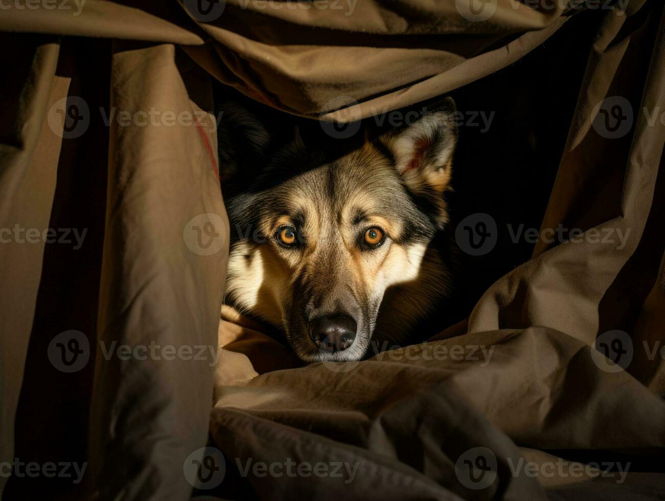 Mischievous dog peeking out from a cozy blanket fort AI Generative photo