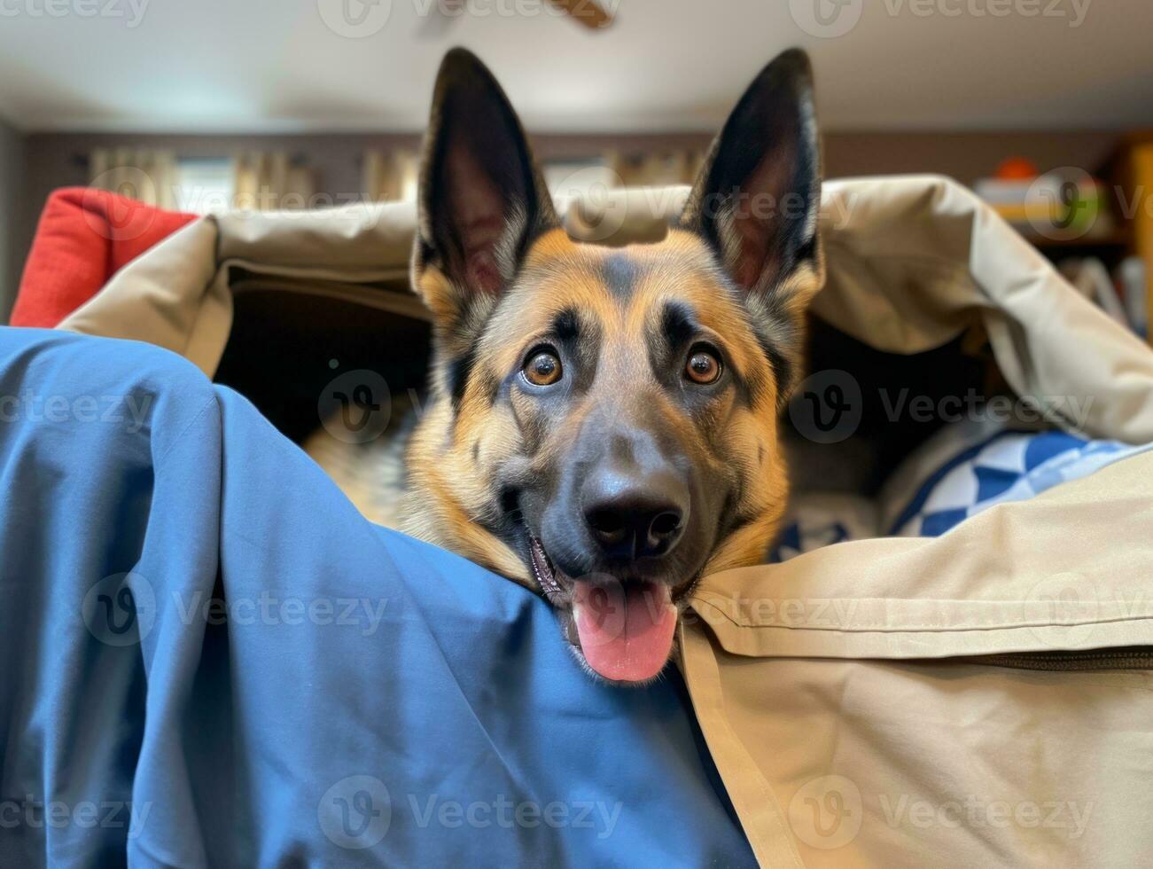 Mischievous dog peeking out from a cozy blanket fort AI Generative photo