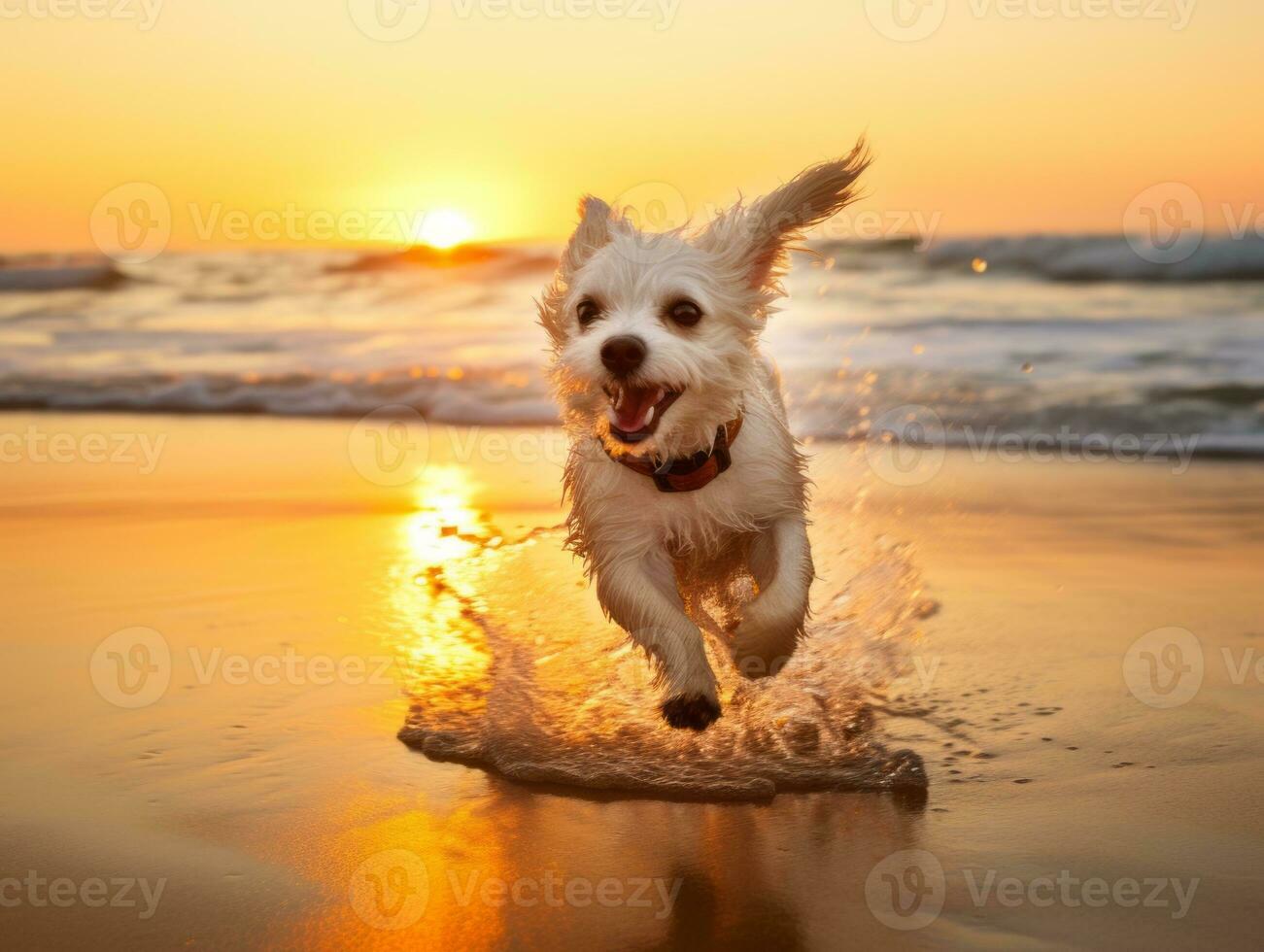 Happy dog playing on the beach AI Generative photo