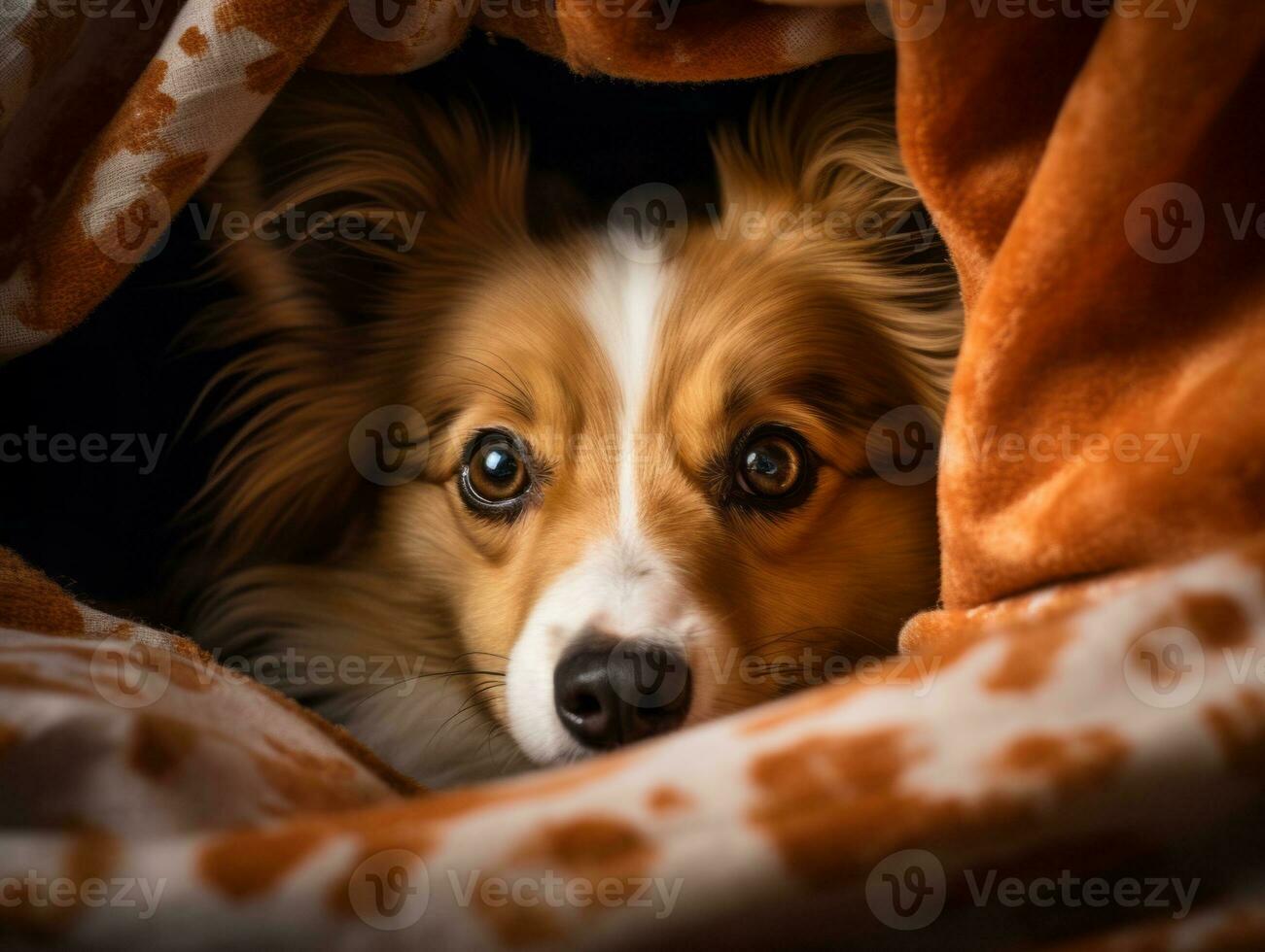 Mischievous dog peeking out from a cozy blanket fort AI Generative photo