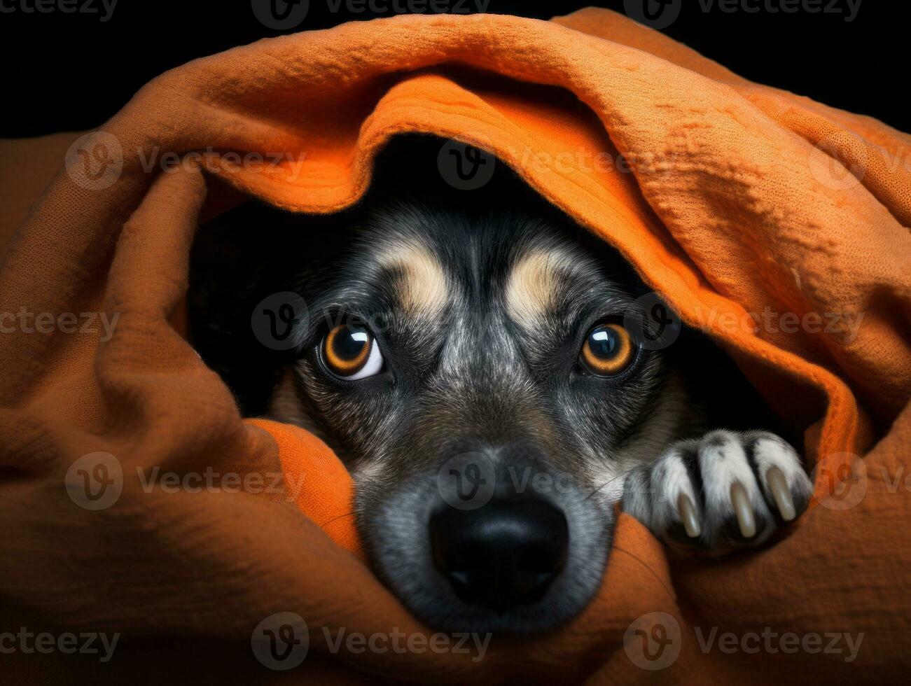 Mischievous dog peeking out from a cozy blanket fort AI Generative photo