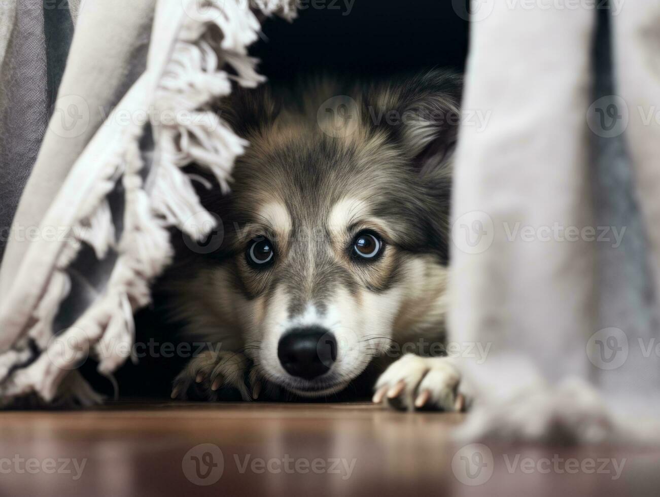 Mischievous dog peeking out from a cozy blanket fort AI Generative photo