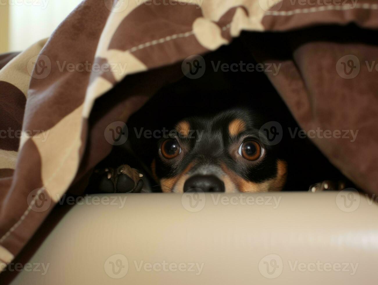 Mischievous dog peeking out from a cozy blanket fort AI Generative photo