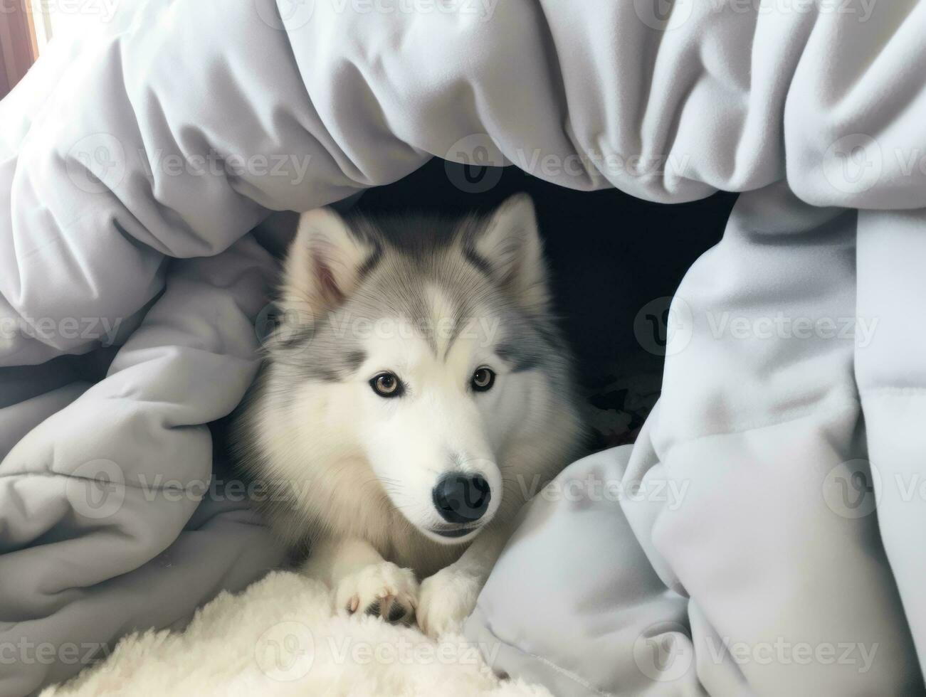 Mischievous dog peeking out from a cozy blanket fort AI Generative photo