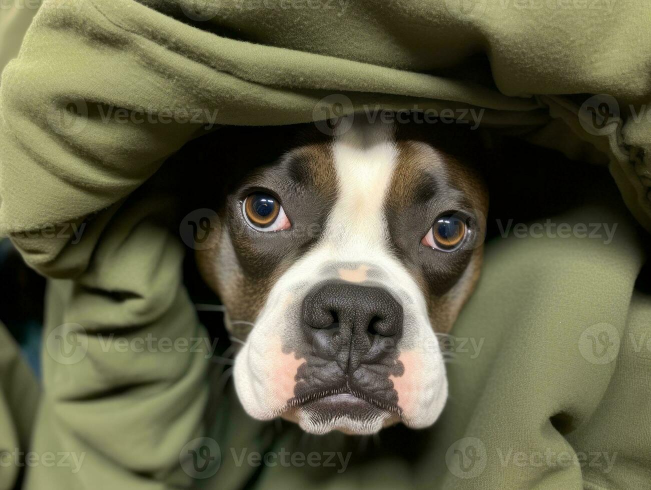 Mischievous dog peeking out from a cozy blanket fort AI Generative photo