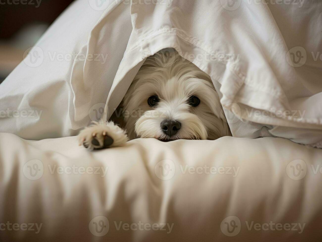 Mischievous dog peeking out from a cozy blanket fort AI Generative photo