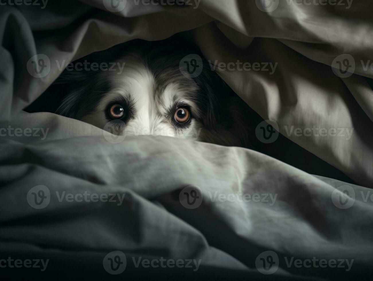 Mischievous dog peeking out from a cozy blanket fort AI Generative photo
