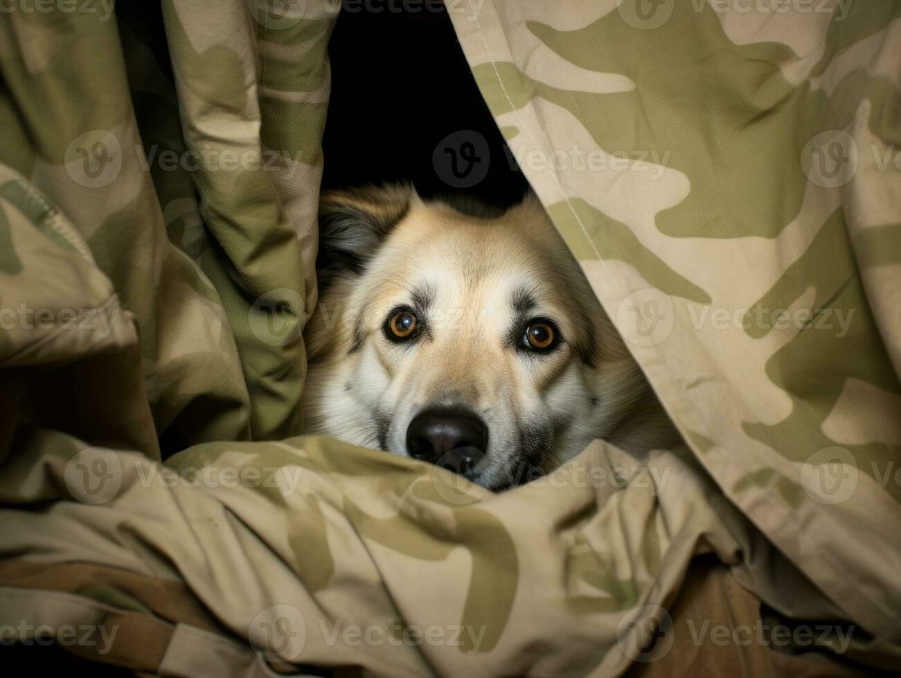 Mischievous dog peeking out from a cozy blanket fort AI Generative photo
