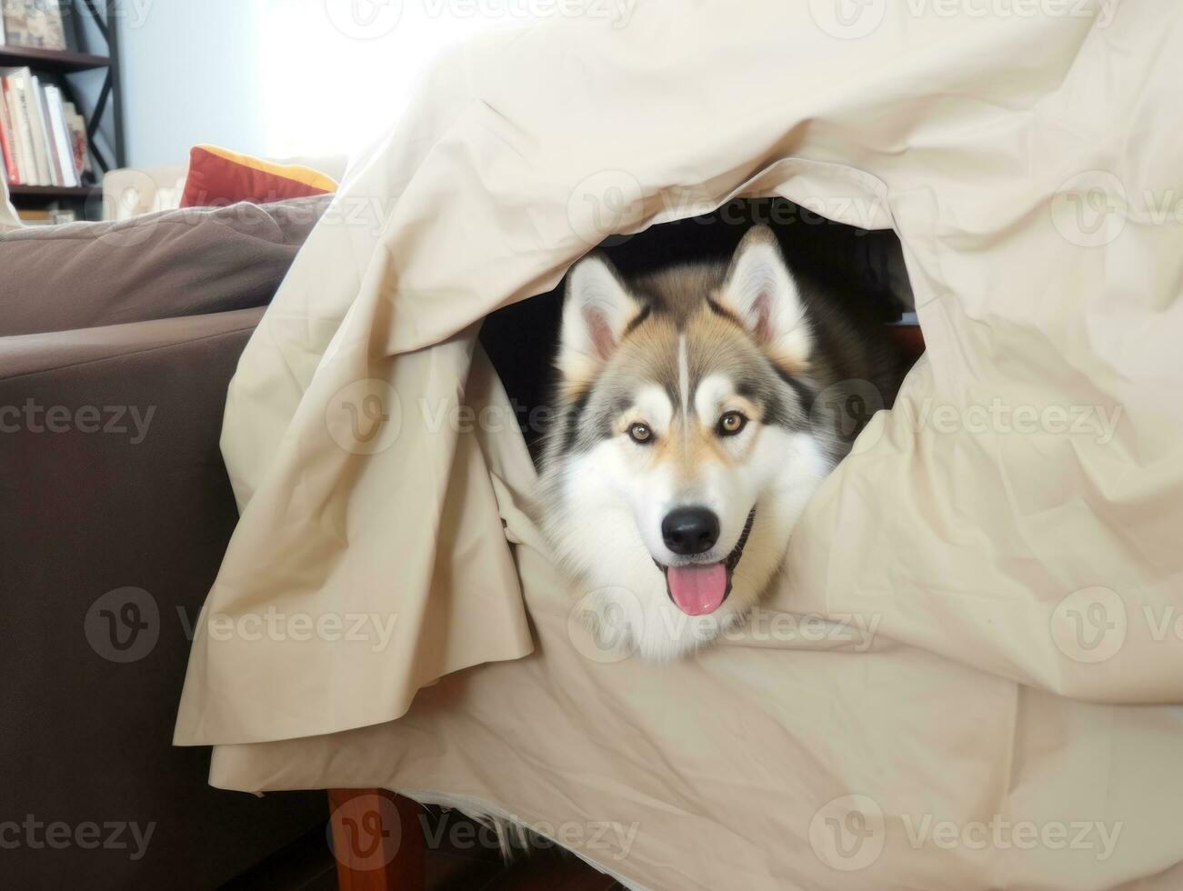 Mischievous dog peeking out from a cozy blanket fort AI Generative photo