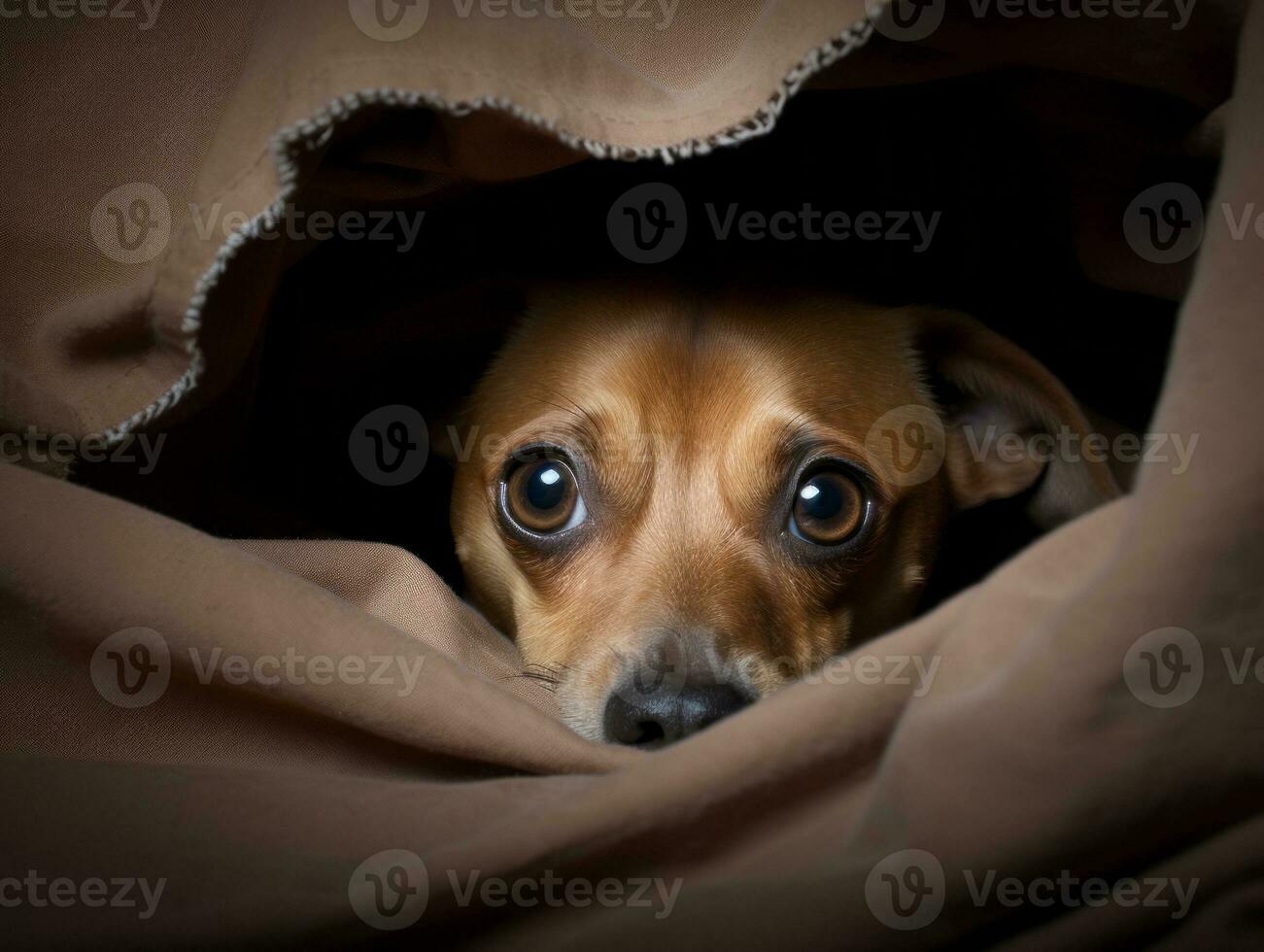 Mischievous dog peeking out from a cozy blanket fort AI Generative photo