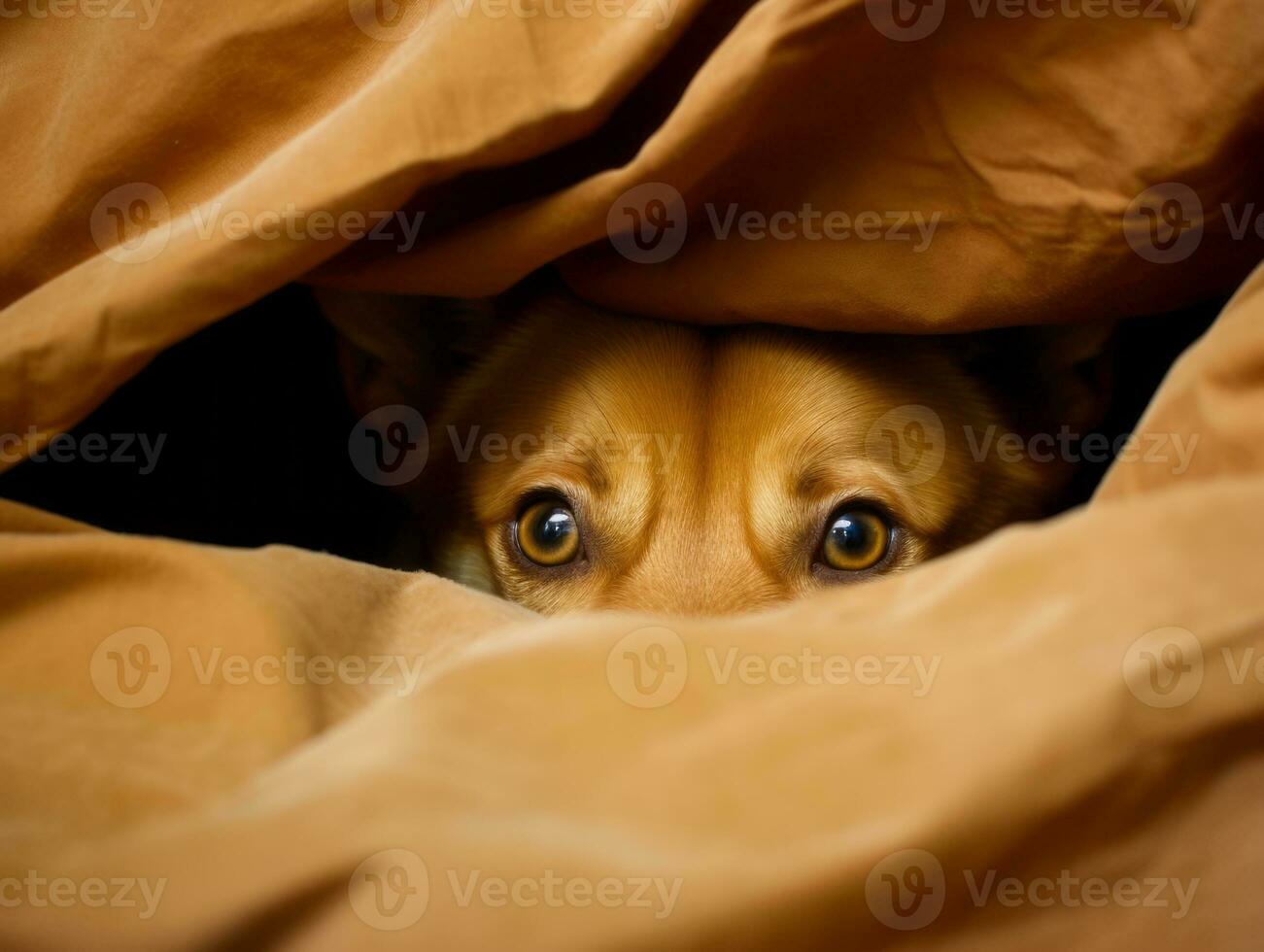 Mischievous dog peeking out from a cozy blanket fort AI Generative photo