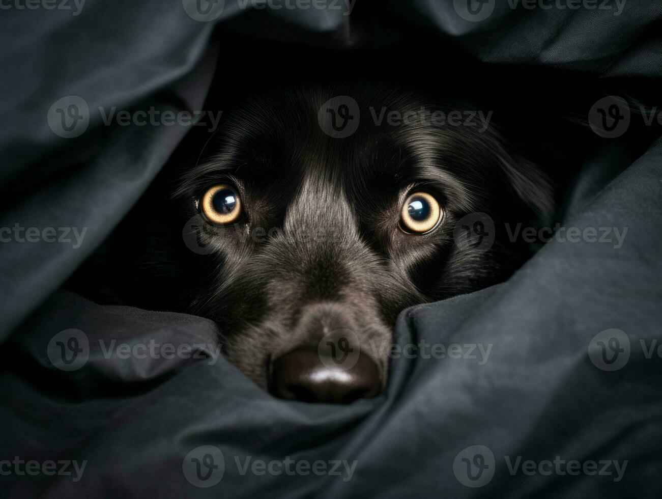 Mischievous dog peeking out from a cozy blanket fort AI Generative photo