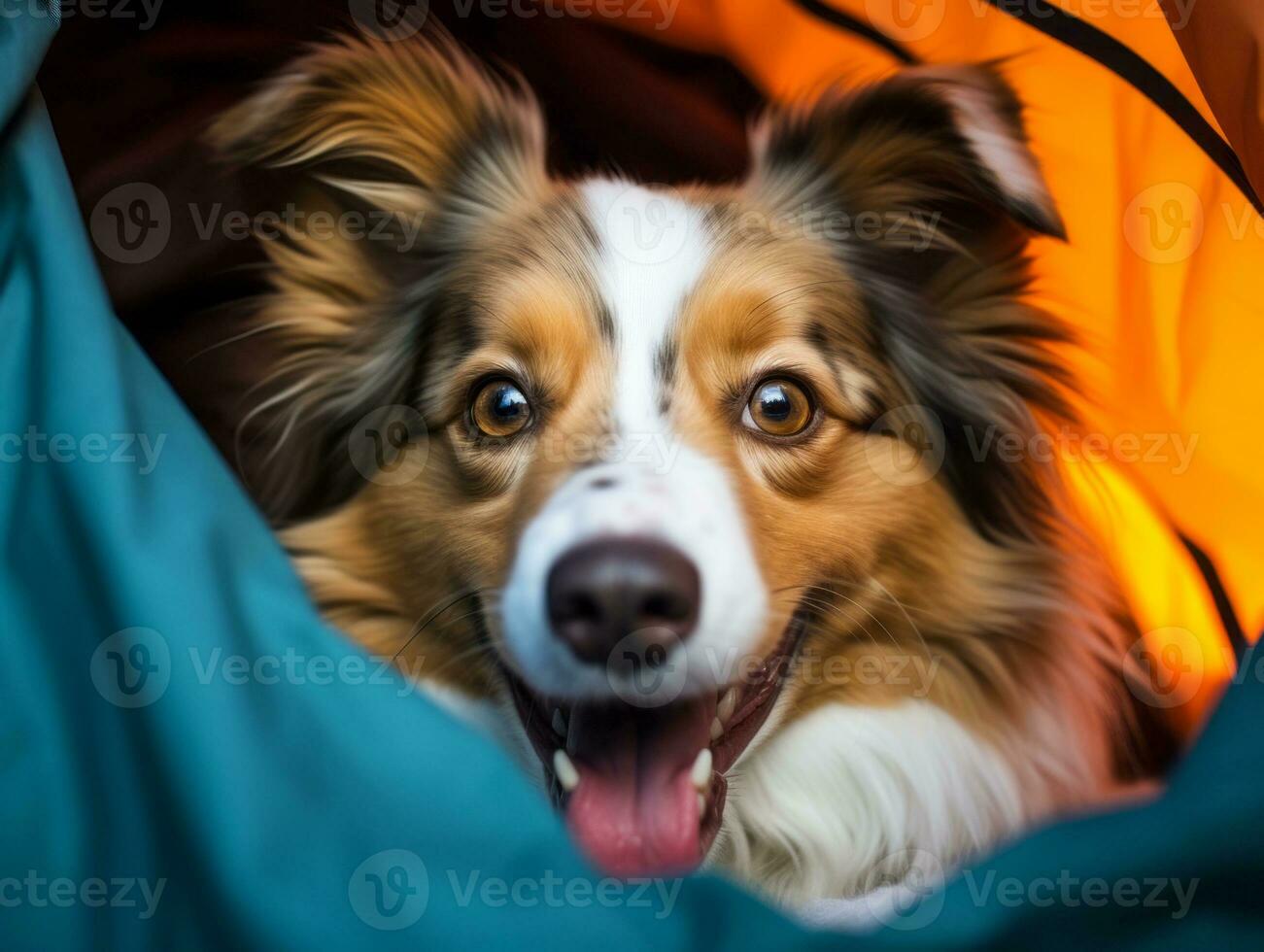 Mischievous dog peeking out from a cozy blanket fort AI Generative photo