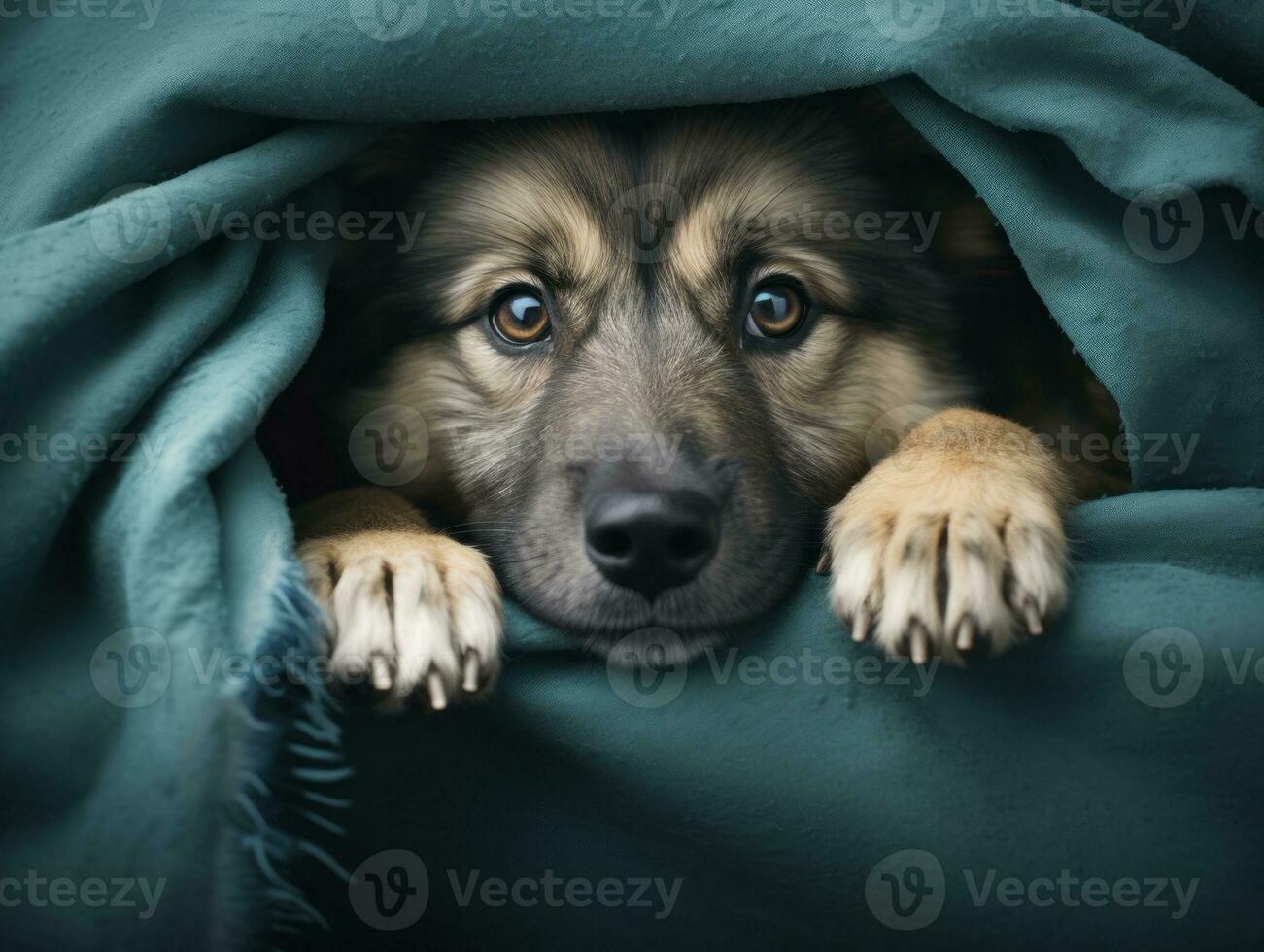 Mischievous dog peeking out from a cozy blanket fort AI Generative photo