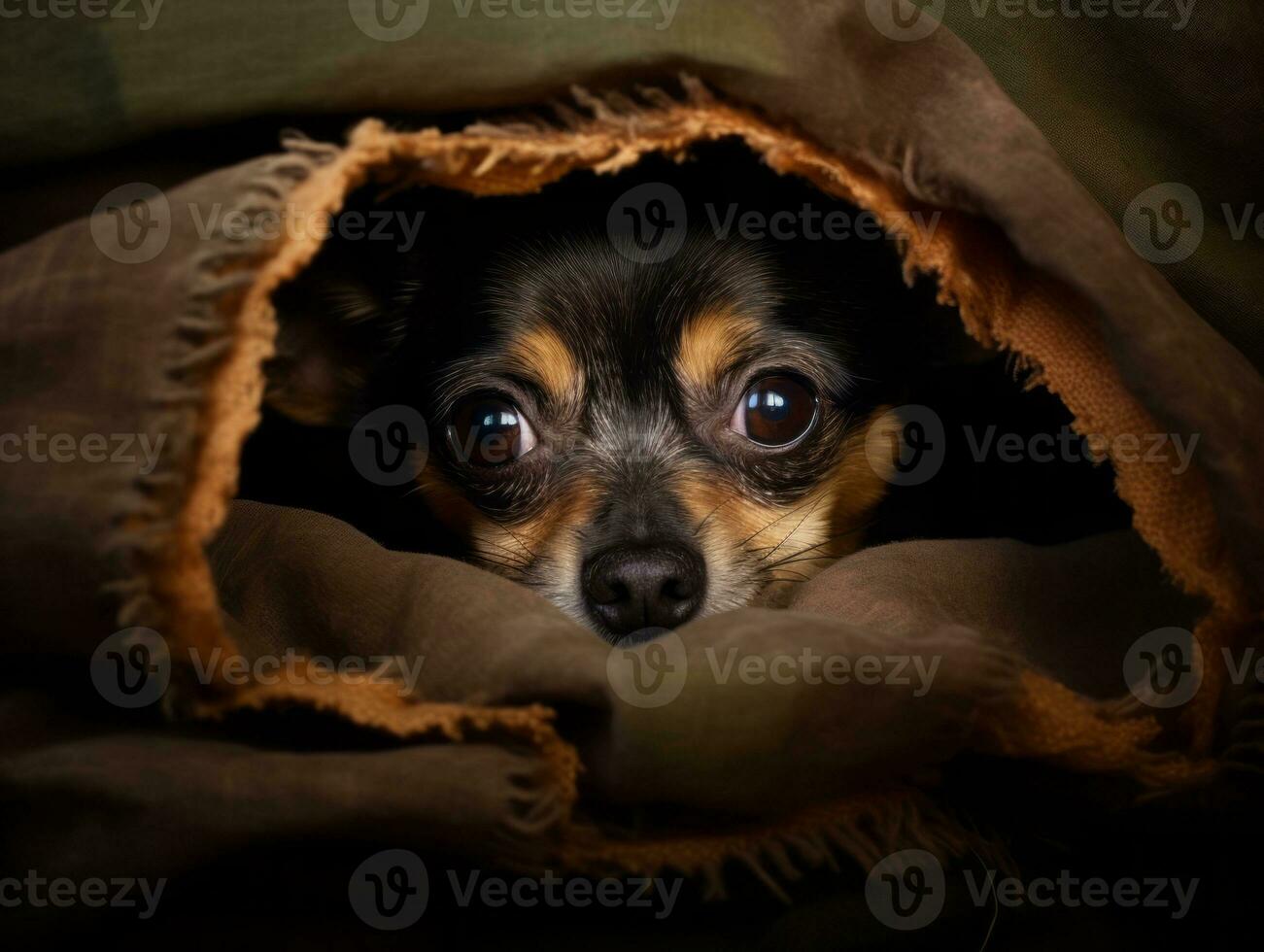 Mischievous dog peeking out from a cozy blanket fort AI Generative photo