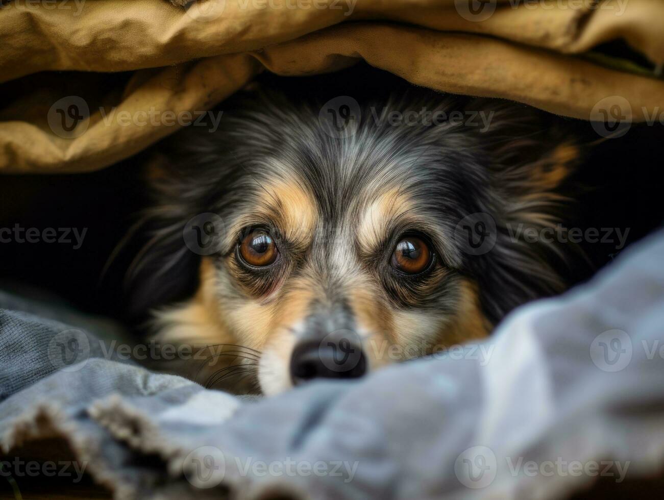Mischievous dog peeking out from a cozy blanket fort AI Generative photo