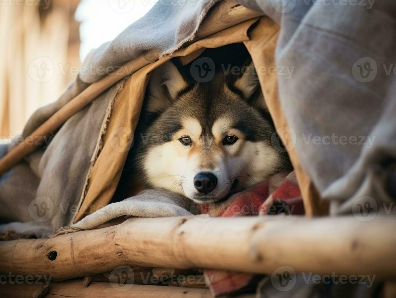Mischievous dog peeking out from a cozy blanket fort AI Generative photo