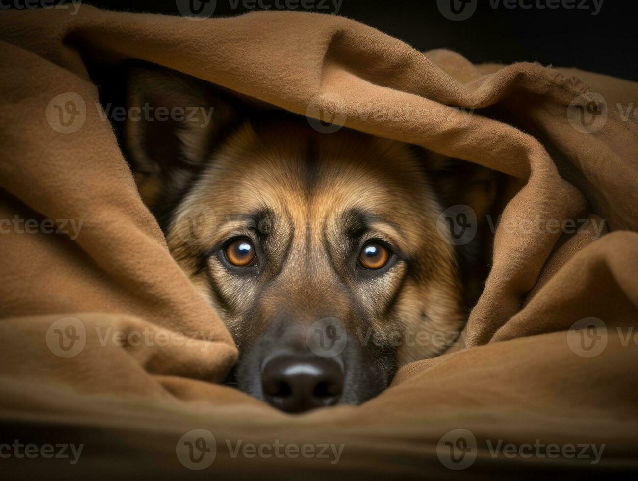 Mischievous dog peeking out from a cozy blanket fort AI Generative photo