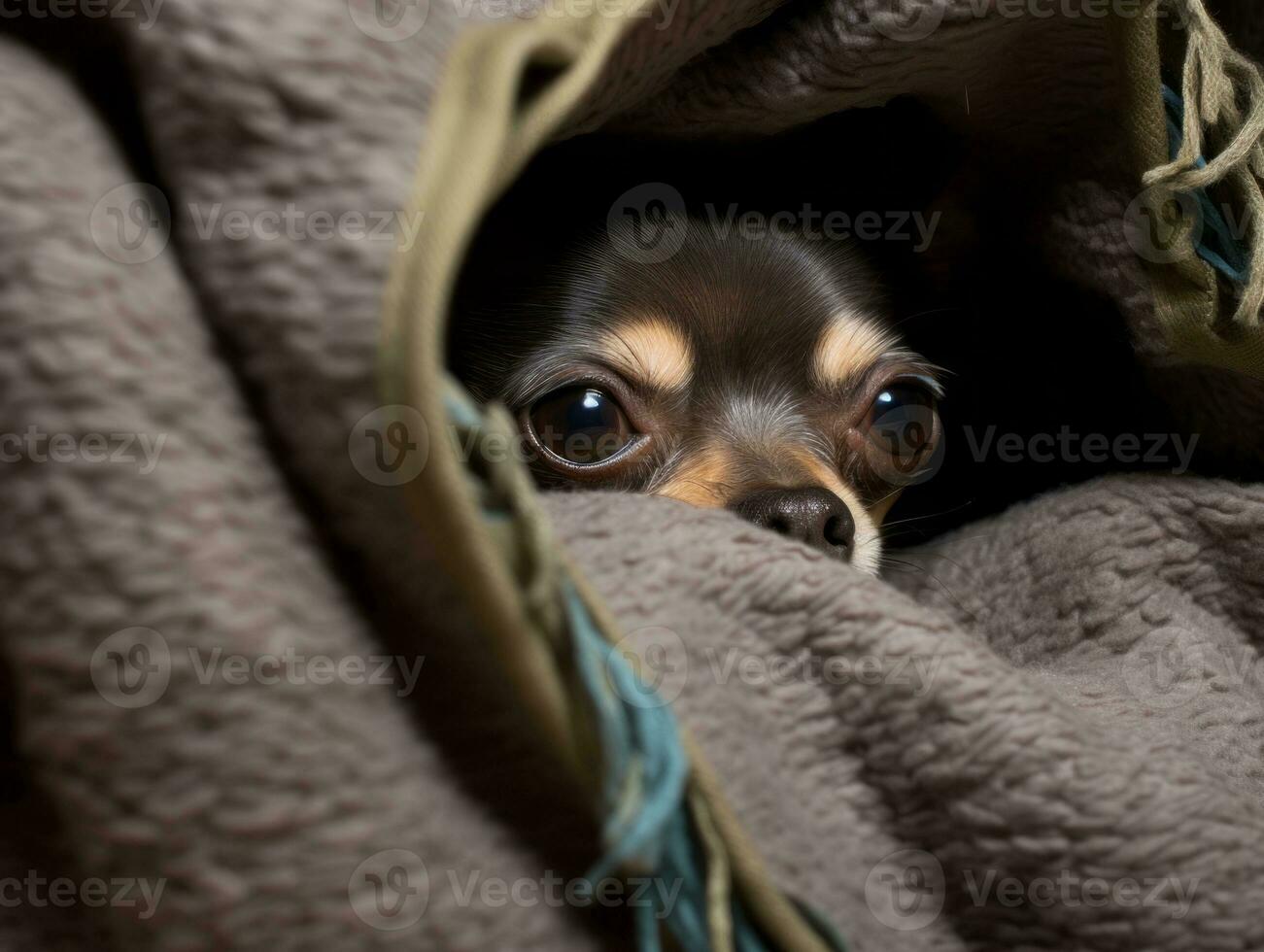 Mischievous dog peeking out from a cozy blanket fort AI Generative photo