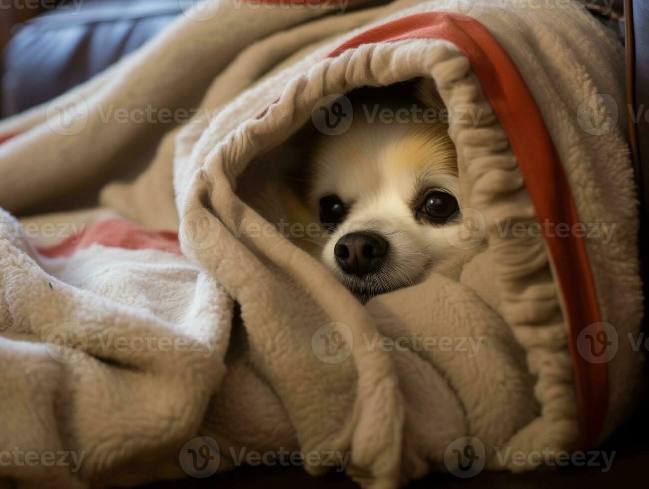 Mischievous dog peeking out from a cozy blanket fort AI Generative photo