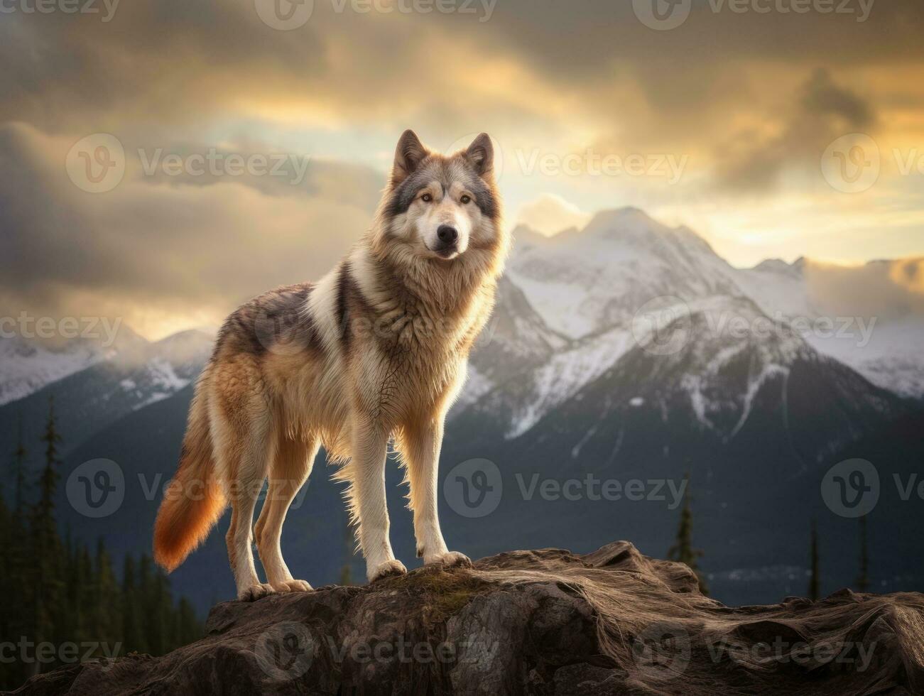 Majestic dog standing proudly on a mountain peak AI Generative photo
