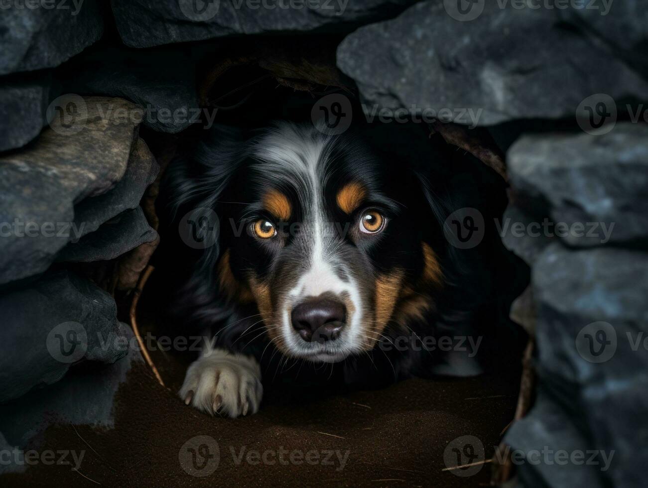 Mischievous dog peeking out from a cozy blanket fort AI Generative photo