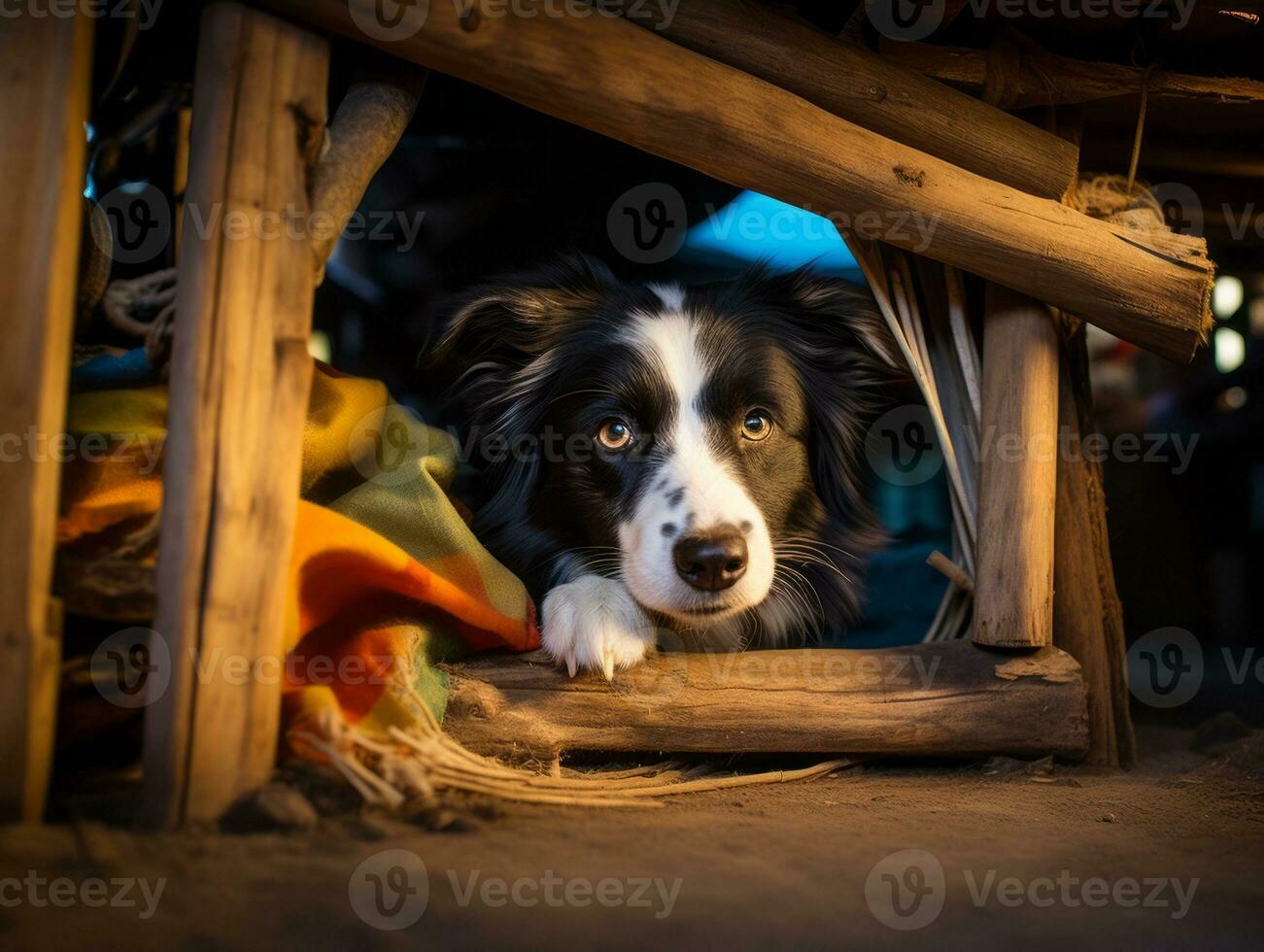 Mischievous dog peeking out from a cozy blanket fort AI Generative photo