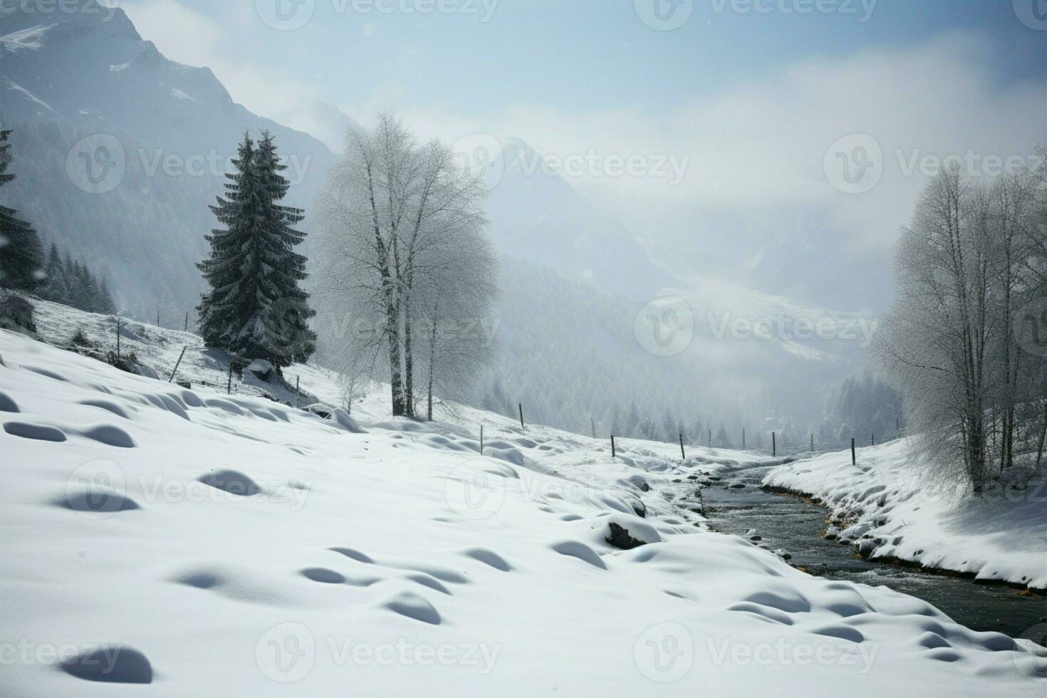 The Austrian Alps transform into a snowy wonderland in the winter AI Generated photo